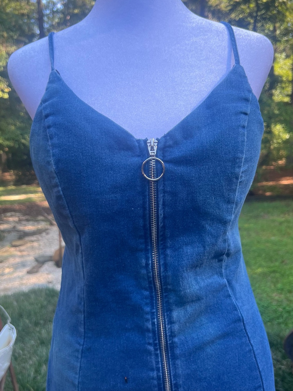 Iris Denim Zip Front Bodycon Dress L Built In Padded Bra